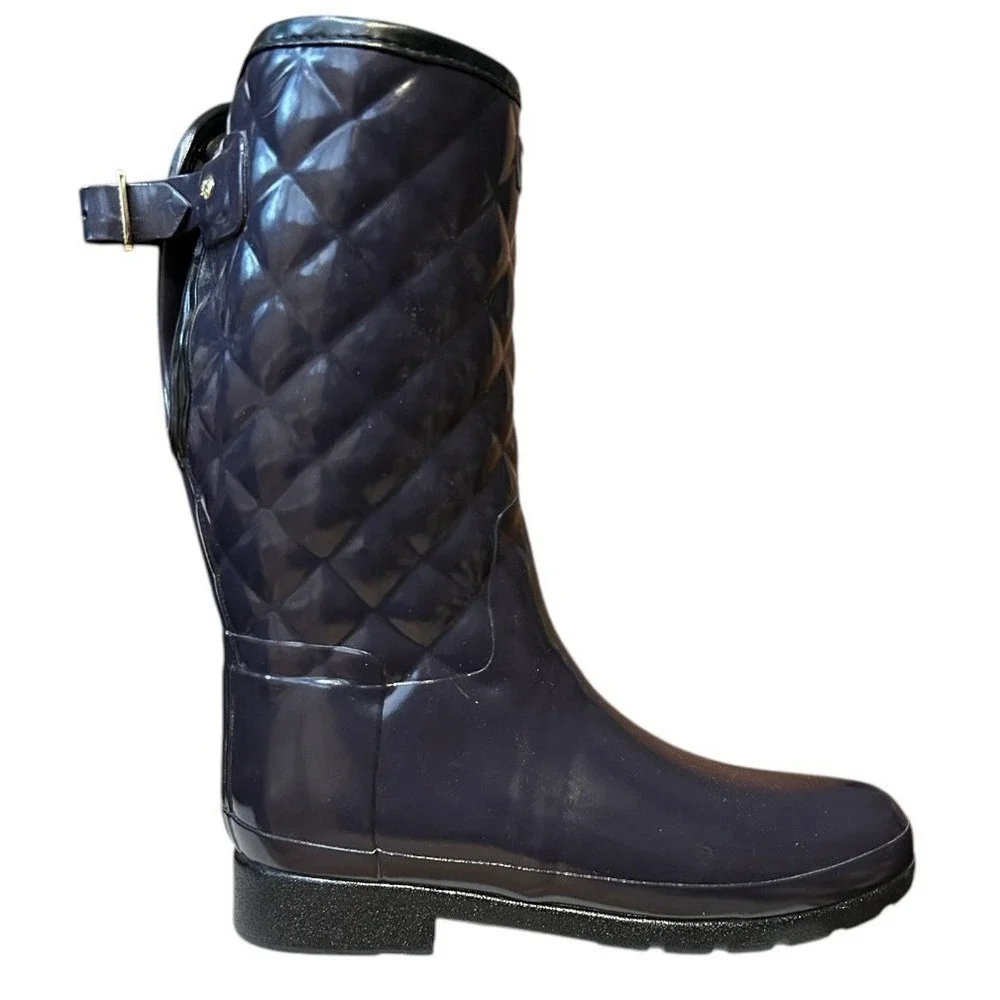 HUNTER Aubergine Refined Gloss Quilt Short Rain Boot sz 9 Gold Buckle Outdoor